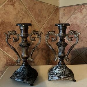 Vintage Pair Cast Iron Ornate Candlestick Holders Gothic and Victorian Style